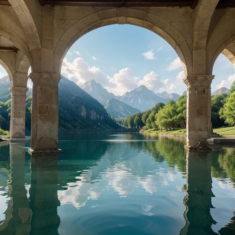 This image offers a serene view of a historic structure mirrored in a body of water, creating an upside-down effect in the reflection. The tranquil water captures the building’s image, enhancing the timeless architecture with three arches on each side. The stillness of the water allows for a clear, reflective surface, mirroring the building and sky, instilling a peaceful ambiance. Surrounding the main piece are mountainous backdrops on each flank, framing the scene with nature’s majesty. The blue sky, dotted with soft clouds, brings a sense of calm to the composition, welcoming viewers into this ethereal and contemplative world.