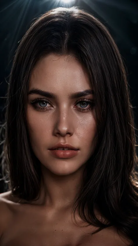 ((ultra realistic)), Photo, High quality, (ultra-detailed face and eyes: 1.2), portrait of a naked girl, wavy dark hair, Detailed eyebrows, (Eye makeup, mascara, eyeliner, long eyelashes), large detailed lips, cheekbones. Natural large breasts with realist...