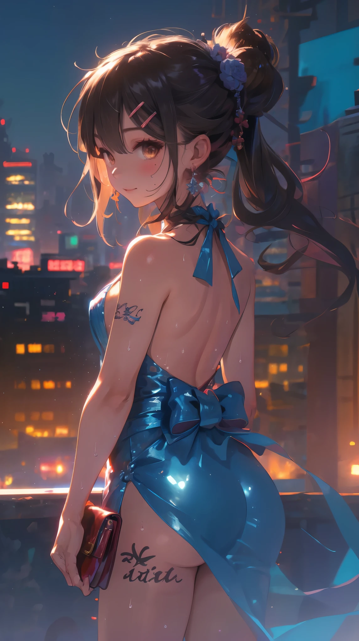 (from behind,back focus:1.4),Dragon and girl,1girl,(Miyu Edelfelt),loli,cameltoe,black hair,brown eyes,seductive smile,solo,big ass,tail,colored skin,tatto on back, jewelry, dress,bare thigh,necklace, bangs, hair ornament, bare shoulders, side ponytail, halterneck, plunging neckline, sidelocks, halter dress, backless outfit, silver dress, nail polish, backless dress, solo, closed mouth, blush, bag, revealing clothes, earrings, hairclip, handbag, sweat, see-through, evening gown, thighs, blue nails, flat_chest, official alternate costume, covered nipples, hair between eyes,, best quality, amazing quality, very aesthetic, absurdres,