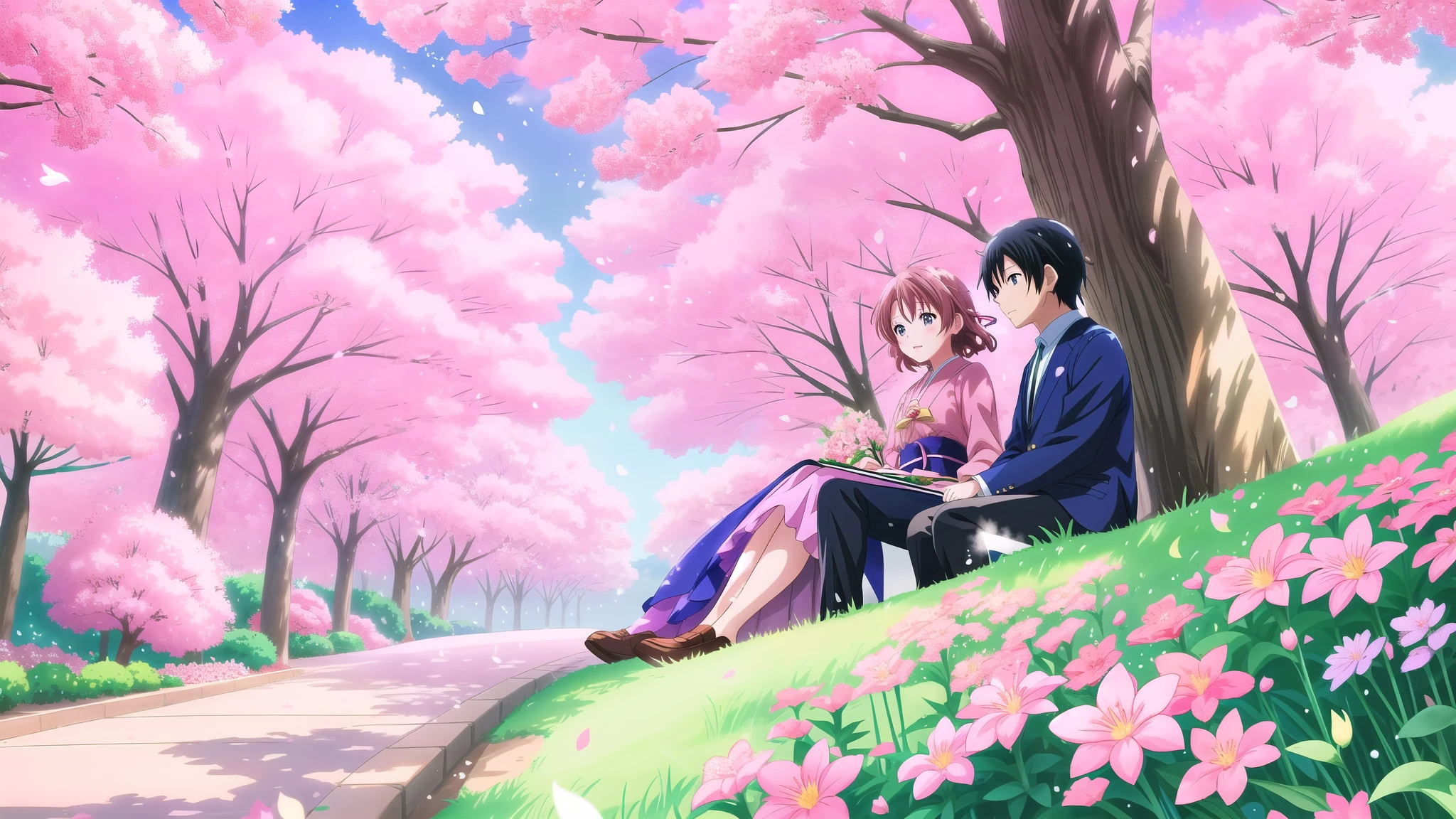 anime couple sitting under a tree with pink flowers in the background, kyoto animation key visual, in style of kyoto animation, kyoto animation still, kyoto animation anime key visual, high quality anime movie still, sakimichan and makoto shinkai, anime still film anime shikishi, fiona staples and makoto shinkai, kyoto animation, daytime ethereal anime