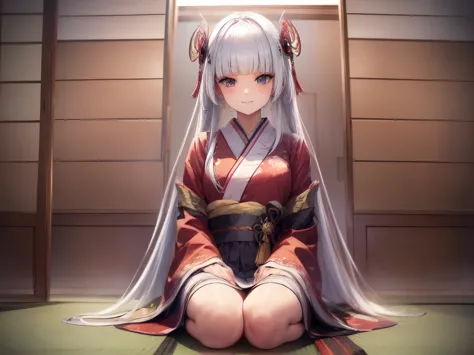 (in 8K, best quality, master piece: 1.2), super high resolution, 1 female 16 years old、super detailed face, detailed eyes,white hair,long hair,hime kut,blunt bang,steam,smile,white kimono、Red band、((large white wings grow on the back,))、fantasy、BREAK,Black...