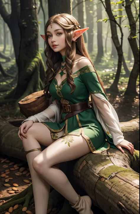 a beautiful female elf, long silky light brown hair, elf ears, almond-shaped eyes, thin lips, round face, huge breasts, sitting ...