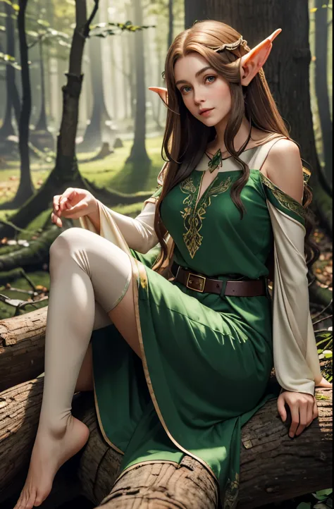 a beautiful female elf, long silky light brown hair, elf ears, almond-shaped eyes, thin lips, round face, huge breasts, sitting ...