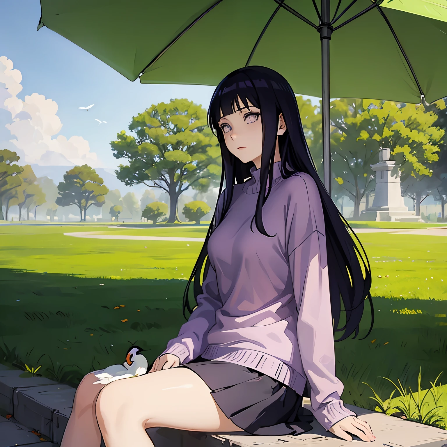 personaje animado, Hinata Hyuga, suéter morado, Mini falda, Retrato, sentado en el parque, cisne, luces y sombras realistas, natural, Muy perfecto, Muy detallado 