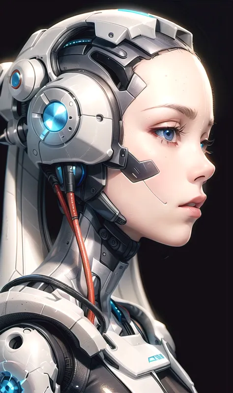 there is a white robot with headphones on and a black background, cyborg - girl, cybernetic machine female face, cyborg girl, beutiful white girl cyborg, porcelain cyborg, detailed portrait of a cyborg, sci-fi android female, beutiful girl cyborg, cybernet...