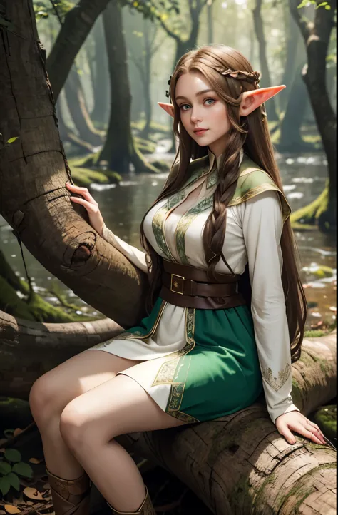 a beautiful female elf, long silky light brown hair, elf ears, almond-shaped eyes, thin lips, round face, huge breasts, sitting ...