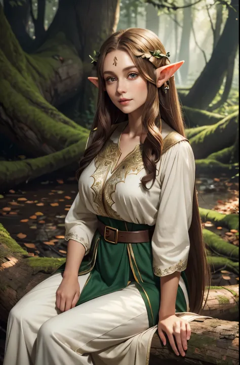 a beautiful female elf, long silky light brown hair, elf ears, almond-shaped eyes, thin lips, round face, huge breasts, sitting ...