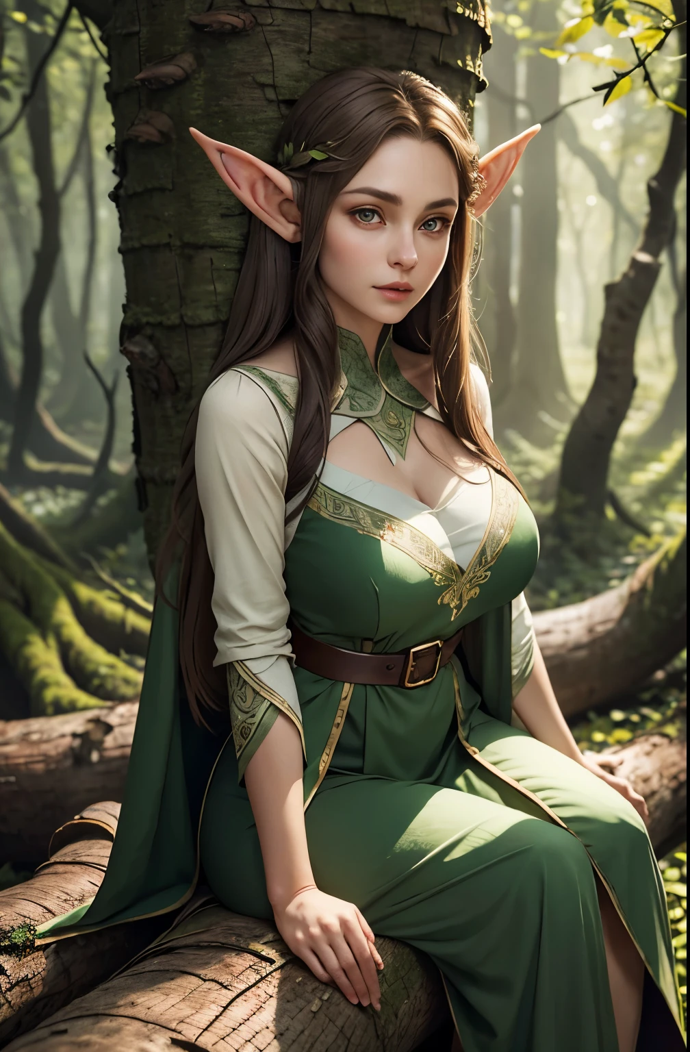 A beautiful female elf, long silky light brown hair, elf ears, almond-shaped eyes, thin lips, round face, huge breasts, sitting on a fallen tree trunk, wearing the clothes of an elf from the elven aristocracy, very beautiful, pure look, perfect art, masterpiece, character details, free and perfect scene, closeup