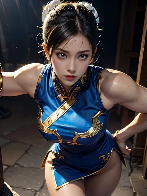 Crie uma obra-prima hiper-realista de Chun-Li sexy, corpo musculoso e sexy, the iconic character from the sixth Street Fighter g...