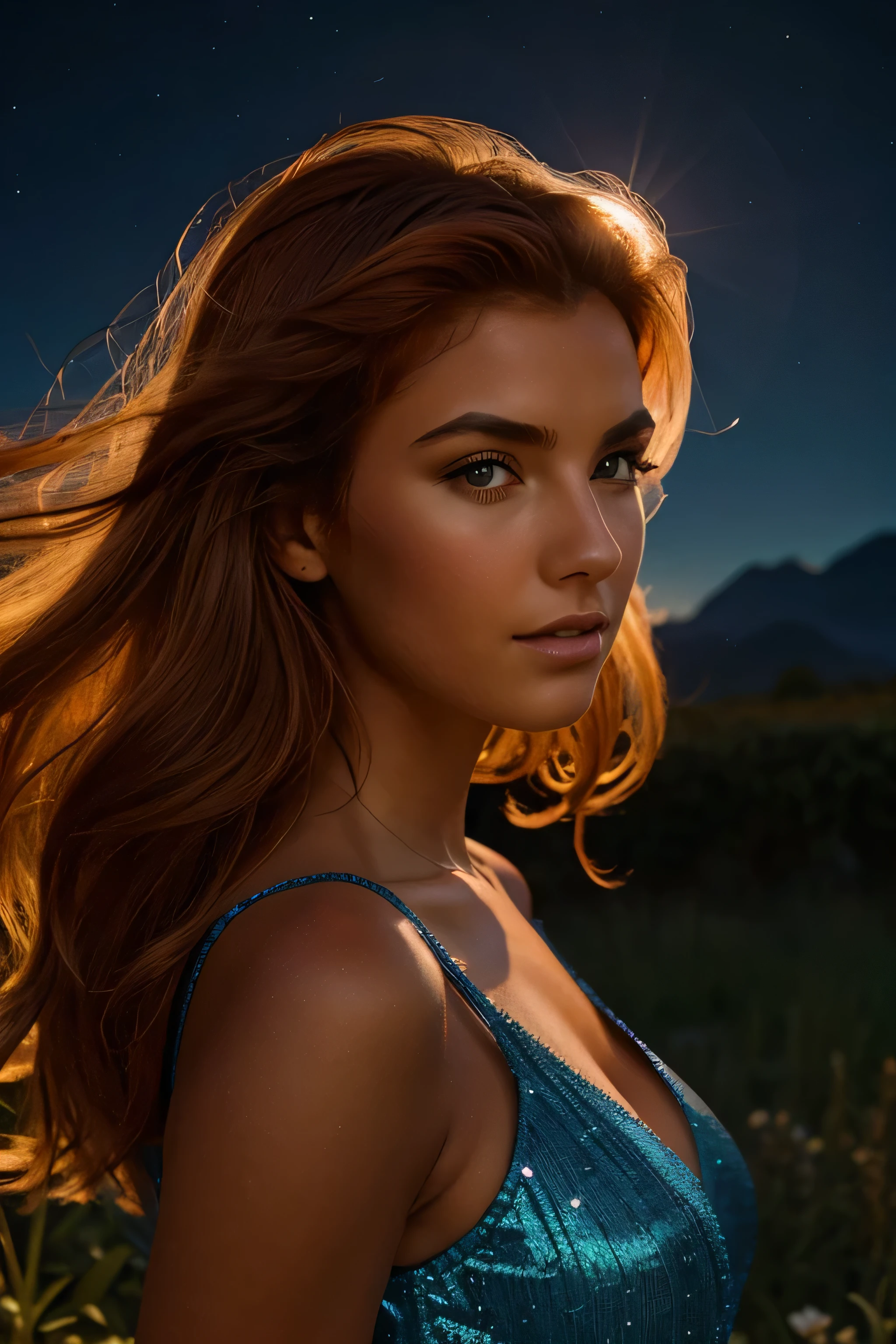 close-up of a mystical gardens of an ancient castle, under the expanse of a starry sky, stands the majestically beautiful, big breasted tanned 13-year-old American orange-haired in light sexy loose medieval deep-low-cut ice-blue dress, looking at the camera, with a grace that defies. A blend of beauty and awe, radiating with an ethereal glow, the form radiates a mystical aura, enchanting everyone below. With every step, the beautiful, 13-year-old tanned American orange-haired paints a path of heavenly light, as distant mountains witness her miraculous sight. A legendary woman, looking at the camera, in a world where dreams take flight, In the hushed whispers of the night she weaves with her magical clarity. professional color modelshoot photo(highly detailed:1.1), hasselblad, dark film noir lighting, detailed, 8k, (god rays:0.8), (lens flare:0.8), film grain, bokeh, depth of field.