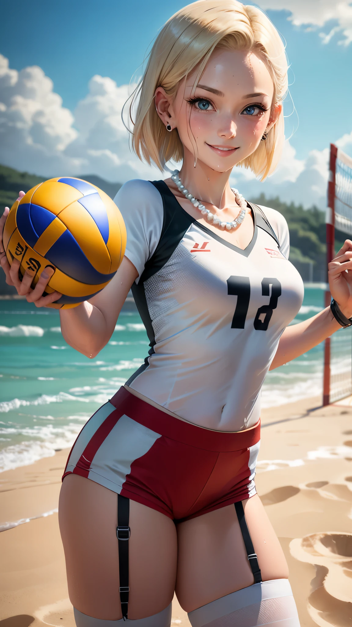 best quality, highres, and18, 1girl, android 18, solo girl, 1girl, blonde hair, blue eyes, sport sneakers, red and white volleyball uniform, pearl necklace, white lycra micro shorts, short hair, white lycra sport top, earrings, wrist sweat bands, medium breasts, cowboy shot, sea shore, straight-on, (weather: and windy), wet body, wet shirt, cute smile, combat stance, thigh high socks, volleyball field, garter belt,