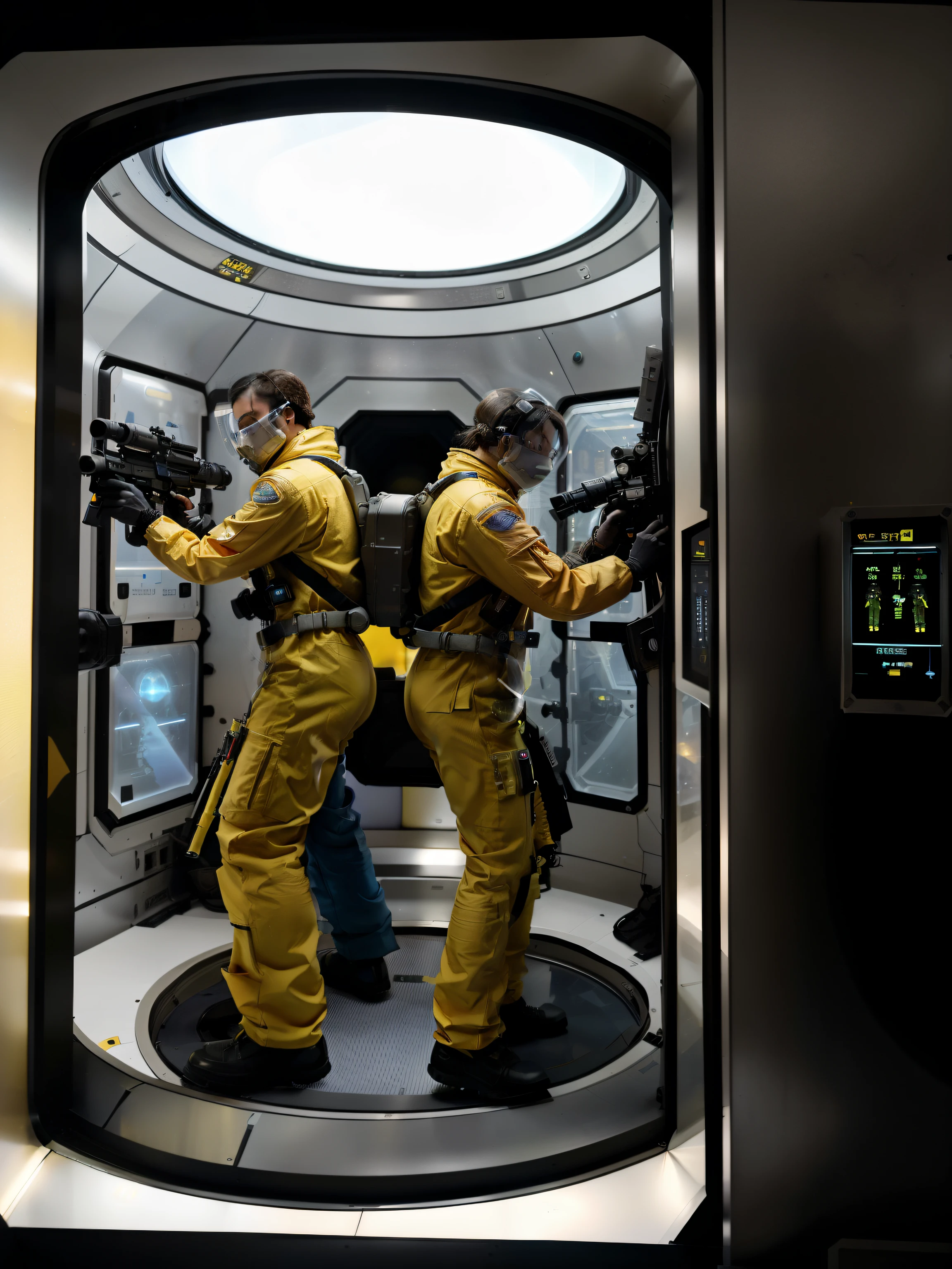 there are two people in a space station with guns, science fiction space suit, futuristic elevator, yellow flight suits, depicted as a scifi scene, fully space suited, terrorists in a space station, modern space coverall, in a space horror setting, futuristic mechanic suits, dusty space suit, futuristic starship crew members, hazmat suits