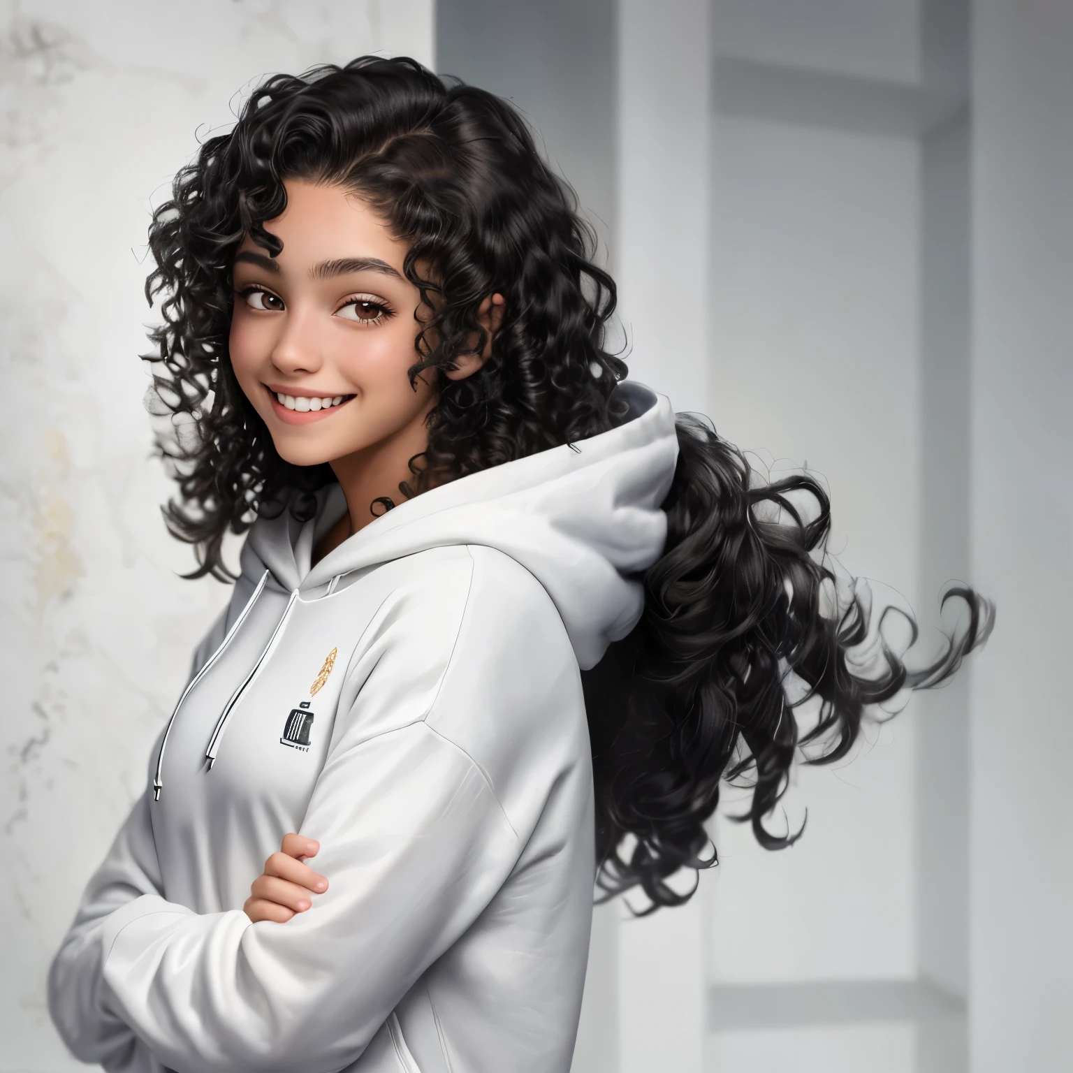 Masterpiece, Best Quality, Ultra Detailed, 1girl, latino, 16 years old, black hair, curly hair, long hair, looking at the viewer, happy expression, white hoodie, half body shot