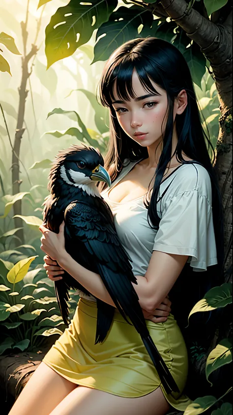 a painting of a girl hugging a bird in the jungle, a storybook illustration by masamune shirow, featured on pixiv, primitivism, ...