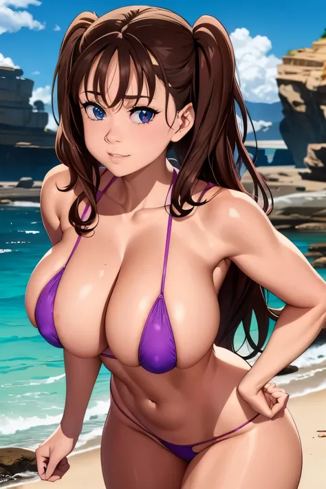 Big ass, Micro Bikini, V-String micro thong, super sexy,Super tight suit, nsfw:1.3, 8K，hightquality，​masterpiece，1girll, SOLO, purple eyes, brown hair, seven deadly sins, diane, breasts, inverted_nipples, twintails, cleavage, large breasts, blush, glove on...