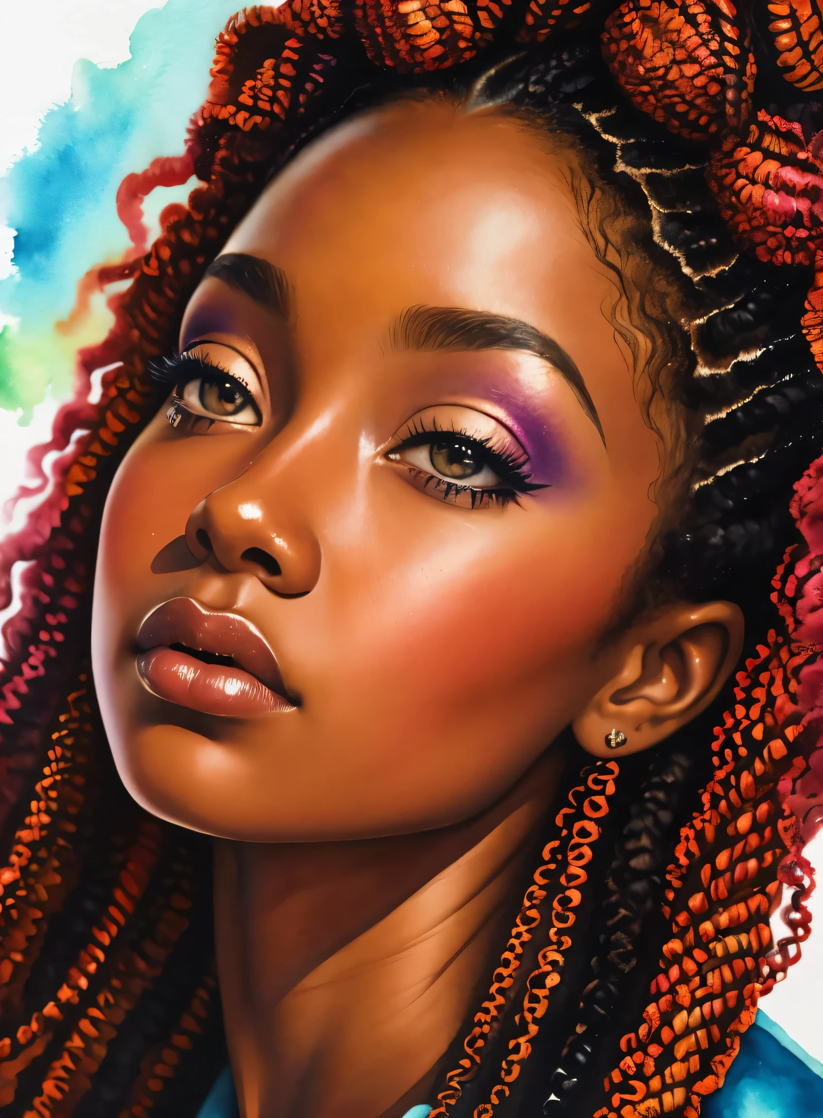 pintura de uma mulher com cabelos cacheados no cabelo, inspirado em Chinwe Chukwuogo-Roy,  preta bonita, garota afro-americana, adolescente negra, medium close-up, retrato em aquarela, Trends in Art, carrancudo, bright curly braids, altamente detalhado, 8k, Ultra HD