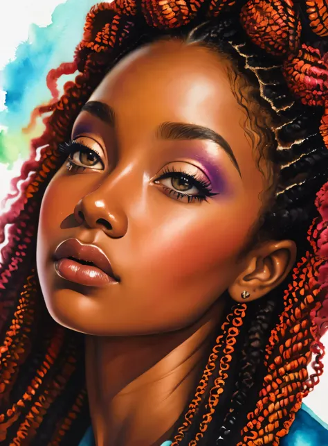 pintura de uma mulher com cabelos cacheados no cabelo, inspirado em Chinwe Chukwuogo-Roy,  preta bonita, garota afro-americana, ...