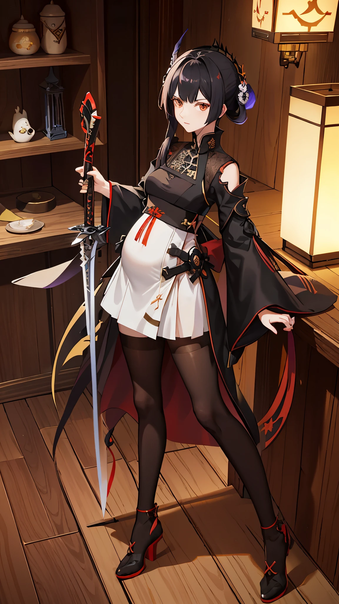 a woman in a dress holding a dagger and a dagger, video game character, from arknights, fox nobushi holding a dagger, hajime yatate, keqing from genshin impact, black haired deity, with small sword, ayaka genshin impact, female action anime girl, official character art, anime character, pregnant anime girl, fetus