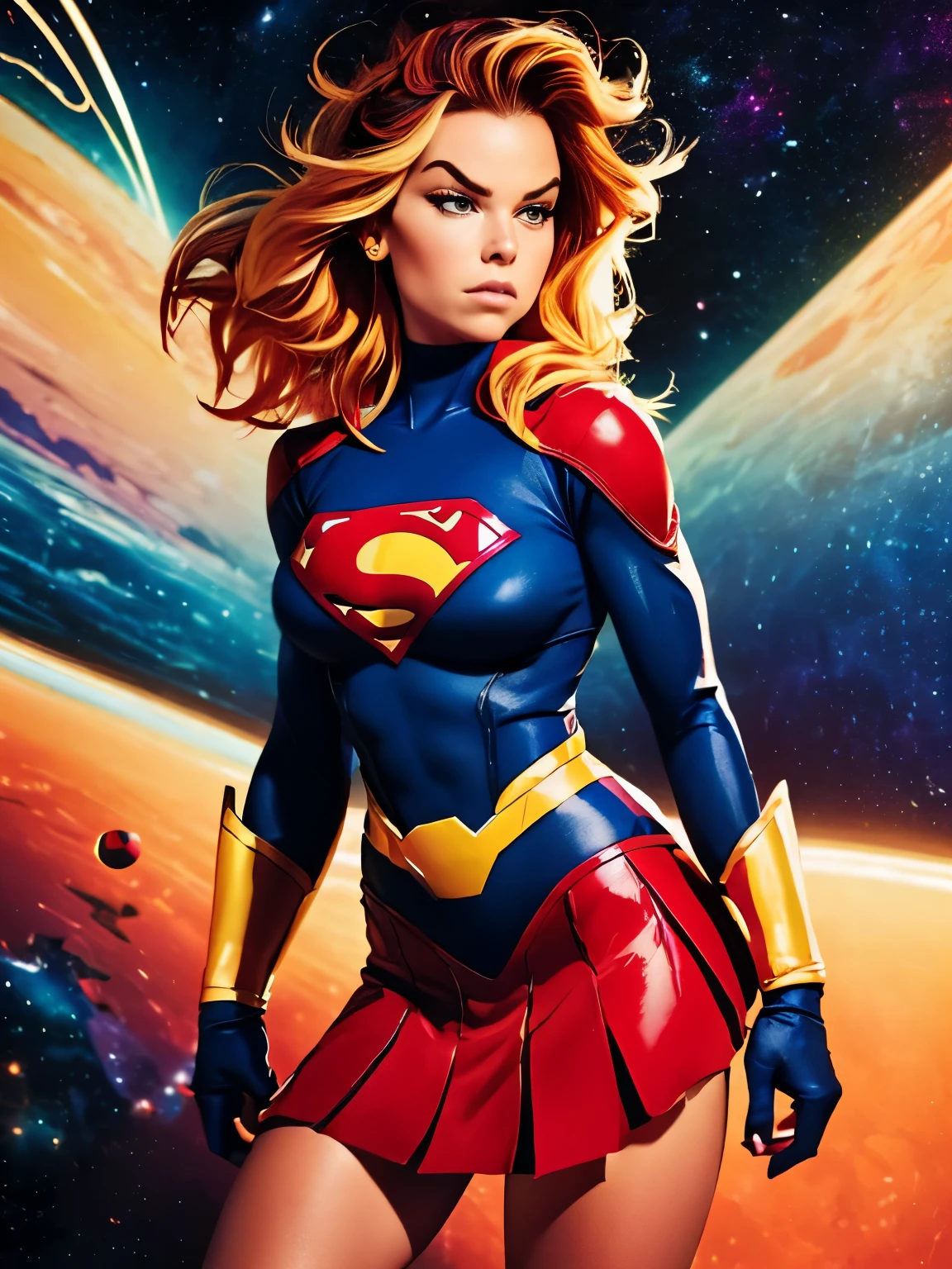 (((أسلوب كوميدي, فن الرسوم المتحركة))). ((1 فتاة)), وحيد, وحيد, صورة هزلية لـ Supergirl a Hot Hero Girl, معها باعتبارها الشخصية المركزية. إنها ترتدي زي Supergirl التقليدي باللونين الأزرق والأحمر, تنورة حمراء صغيرة, (((وجه ميلي ألكوك))) . ((جسم نحيف ساخن). (((خلفية الفضاء الكونية السينمائية))) . لديها تعبير قوي وشجاع, وكأنها مستعدة لمحاربة الشر.