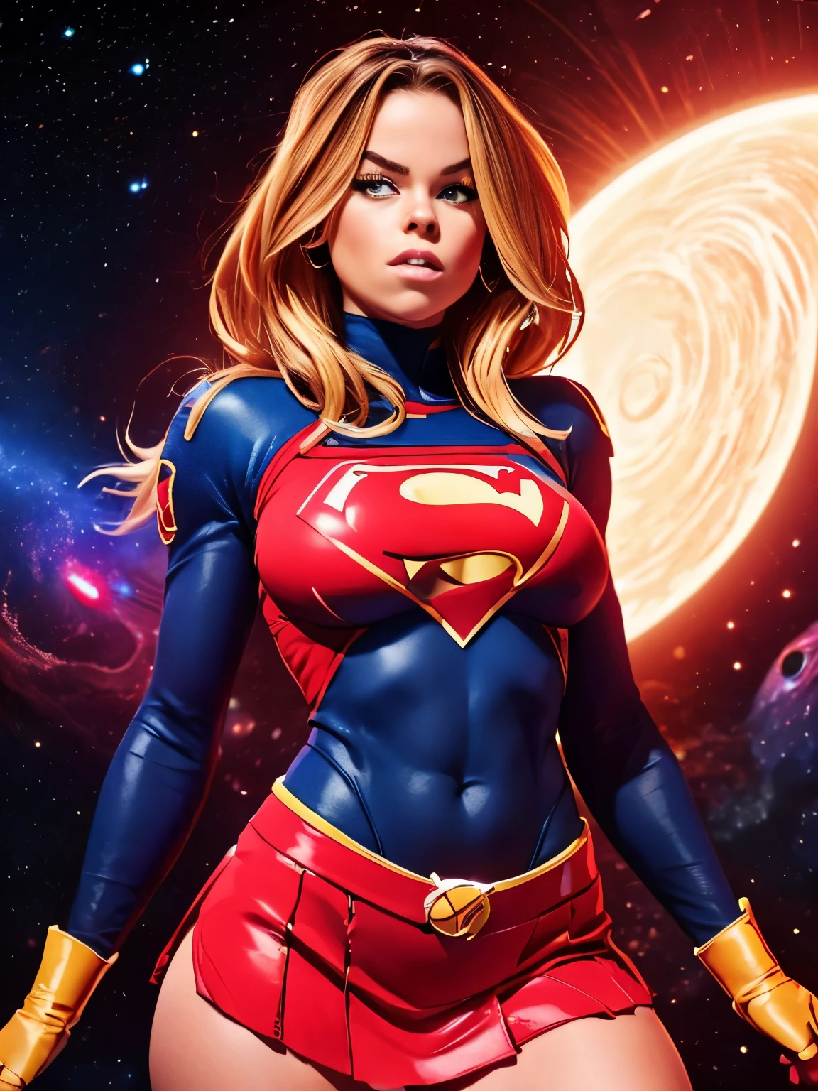 (((COMIC STYLE, CARTOON ART))). ((1 girl)), lonly, solo, A comic-style image of Supergirl a Hot hero Girl, with her as the central figure. She wears a traditional Supergirl blue and red outfit, red little skirt, (((Milly Alcock face))) . ((Hot slim body). (((Cinematic cosmic space background))) . She has a strong and courageous expression, as if she is ready to fight evil.