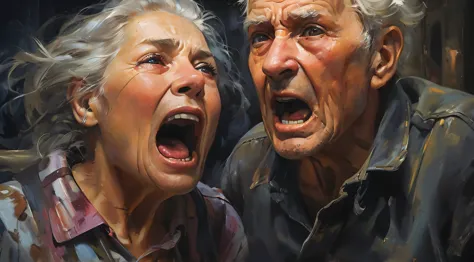 pintura de um casal de idosos gritando e olhando para alguma coisa, ultrarealism oil painting, emotional oil painting, 4k oil on...