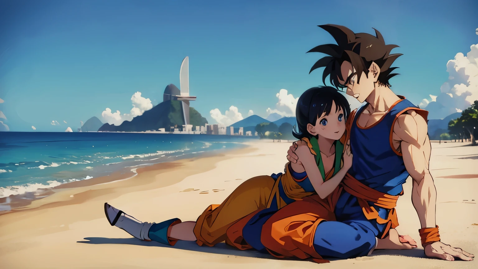 Dragon ball goku and gohan sitting on the beach - SeaArt AI