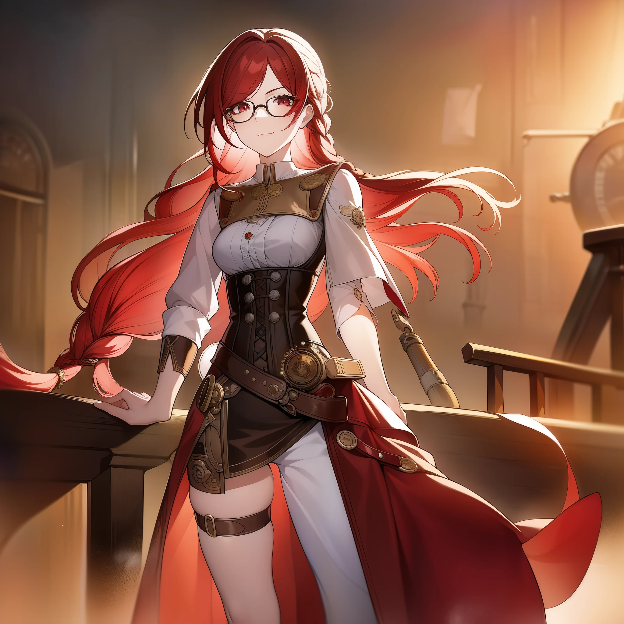 Woman with red hair, Hairstyle braid, tail, long hair, small bangs, Glasses, Adult woman, short girl, brown eyes, Round eyes, a white blouse, Steam punk, a corset, Steam punk одежда, short shorts, bare legs, Graceful hands, High quality, masterpiece, smile, cute face
