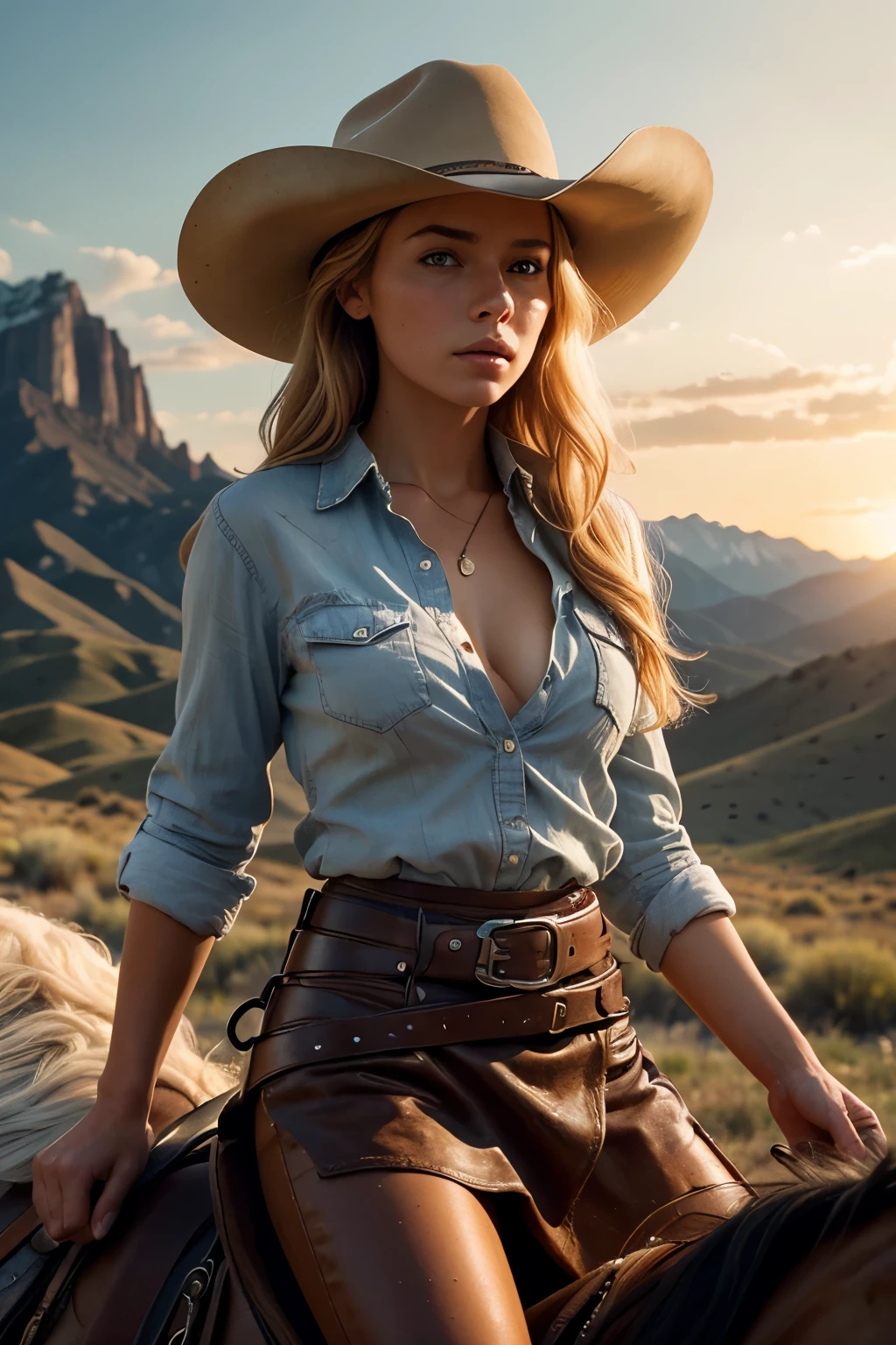 Close-up shot, a western scene, a solo beautiful blonde woman riding a horse across the Sawtooth Mountains in Idaho as the sun sets in a midnight blue sky; wearing a rough skirt and unbuttoned shirt, shirt open to expose her chest, nipples covered, 4k extremely photorealistic, uhd 4k highly detailed, ((ethereal lighting, ultra-high res.photorealistic:.1.4, (high detailed skin:1.2), 8k uhd, dslr, high quality, film grain, Fujifilm XT3,(masterpiece) (best quality) (detailed) (cinematic lighting) (sharp focus) (intricate)