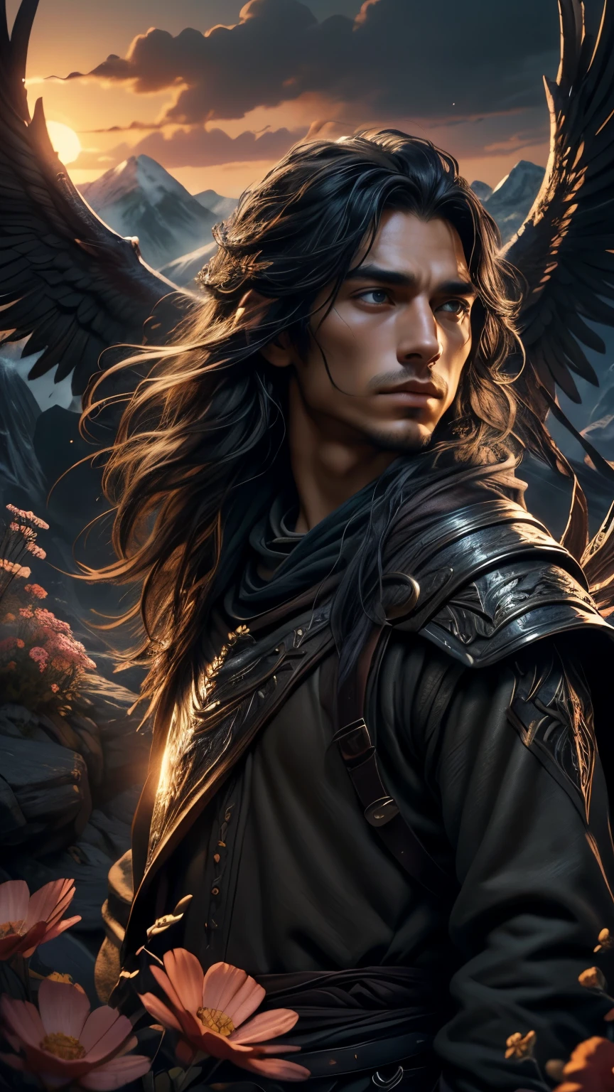 he is a man, detailed face, detailed eyes, and the surrounding environment to be clearly visible. Overall, the prompt aims to create a breathtaking artwork depicting a phoenix flying over the Skyrim landscape at sunset. It combines elements of fantasy, nature, and mysticism to evoke a sense of wonder and awe. The addition of crystals, flowers, and plants enriches the scene, adding depth and visual interest. The high-quality rendering and attention to detail ensure a truly immersive and captivating visual experience.