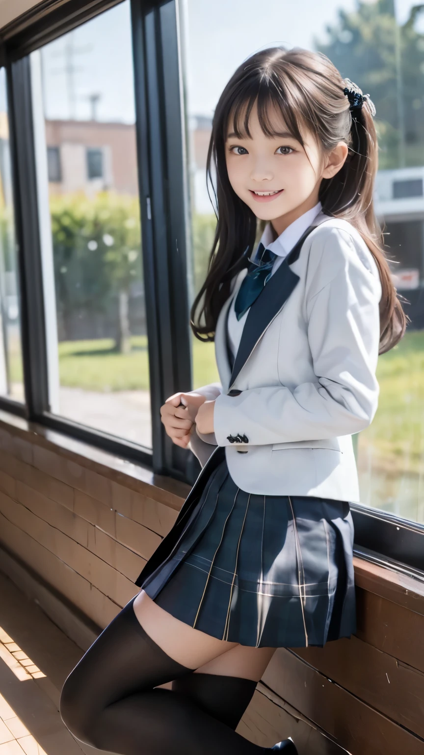 A close up of a young woman in a school uniform posing for a picture ...