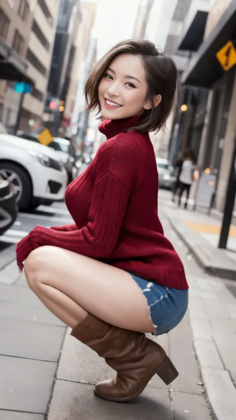 Photo taken by a professional photographer，laughter:1.5，Close-up of a 25-year-old Japanese woman squatting on the sidewalk, wear...