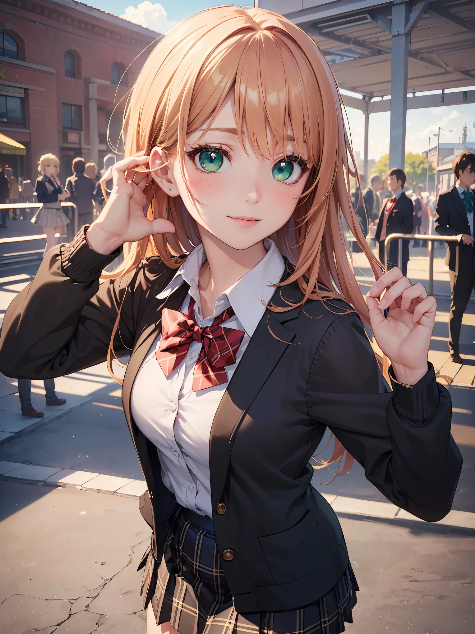 ((masterpiece, best quality, highres, UHD, perfect pixel, depth of field, 4k, RTX, HDR))), 1girl, single, solo, beautiful anime girl, beautiful artstyle, anime character, ((long hair, bangs, brown hair, curly hair:0.5)), ((green eyes:1.4, rounded eyes, beautiful eyelashes, realistic eyes)), ((detailed face, blushing:1.2)), ((smooth texture:0.75, realistic texture:0.65, photorealistic:1.1, anime CG style)), medium breasts, dynamic angle, perfect body, ((portrait, pov)), ((red bowtie, school uniform, black jacket, open jacket, brown cardigan, white shirt, black skirt, plaid skirt)), smile, hands up, amusement park