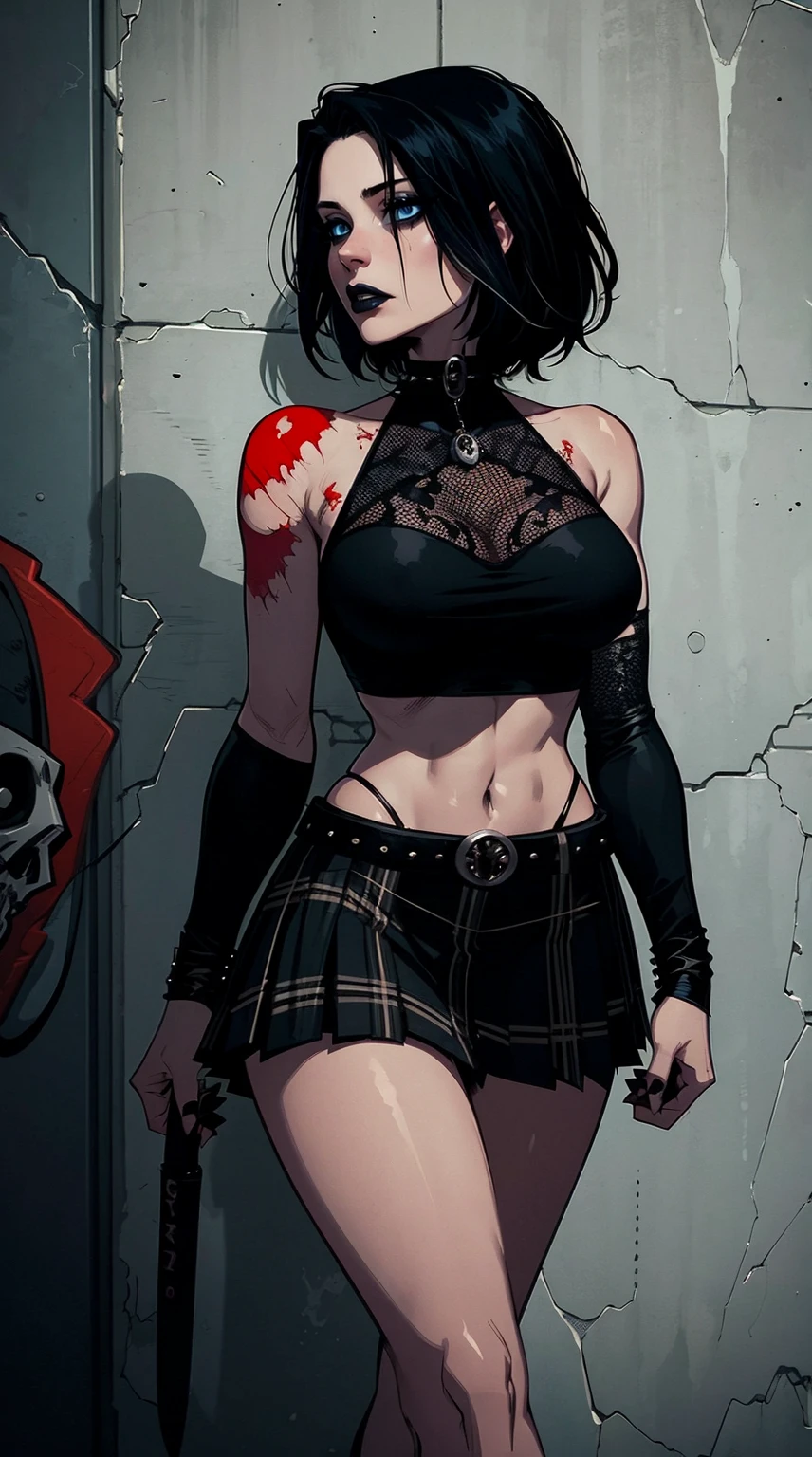 a woman with short black hair, hair on shoulders,  wearing a black cropped  and plaid skirt, blue eyes, zombie art, gothic art, cute aesthetic with vibe, toon aesthetic, wearing red costume, wearing gothic accessories, look like Cassie Hack, whole body, holding a skull in his hand, zombie background