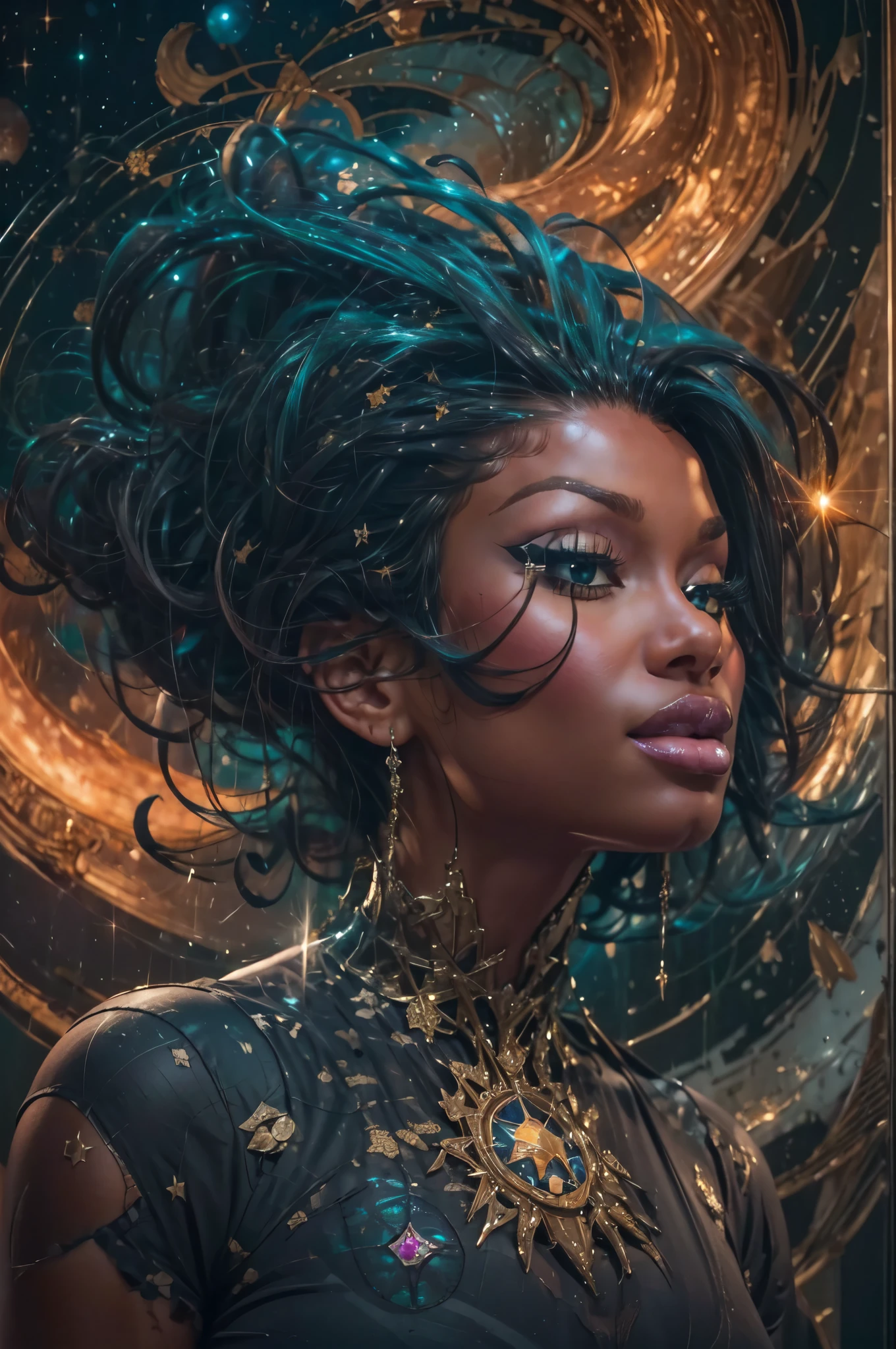 An image of a voluptuous dark-skinned woman with thick thighs, harnessing the power of the cosmos to manipulate the fabric of reality itself, amidst the swirling vortex of a cosmic nebula. Her curves are bathed in the cosmic energies of the universe, and her expression is one of transcendent enlightenment as she unlocks the secrets of existence. The scene is extremely detailed, ultra realistic, 10k high resolution, in the style of digital art, oil painting, and watercolor, capturing the awe-inspiring beauty of the cosmos and the sorceress who commands it. thepit, Megan