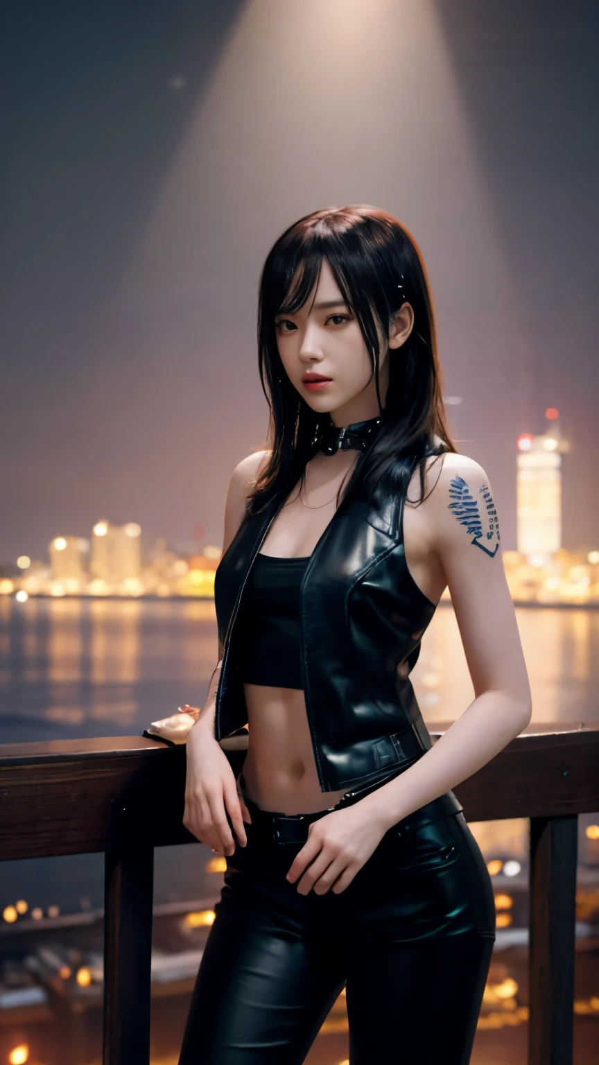 highest quality，masterpiece，Super detailed，8K, UHD，Beautiful woman，japanese woman，Expressionless，(Topless)，whole body，((tattoo))，slim，Black leather pants，black leather vest，(female mafia)，gangster，(cyberpunk city)，night，cinematic lightening，movie poster，underworld