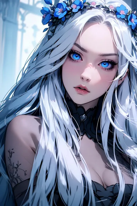 hyper-realistic  of a mysterious woman with flowing silver hair, piercing blue eyes, and a delicate floral crown, upper body