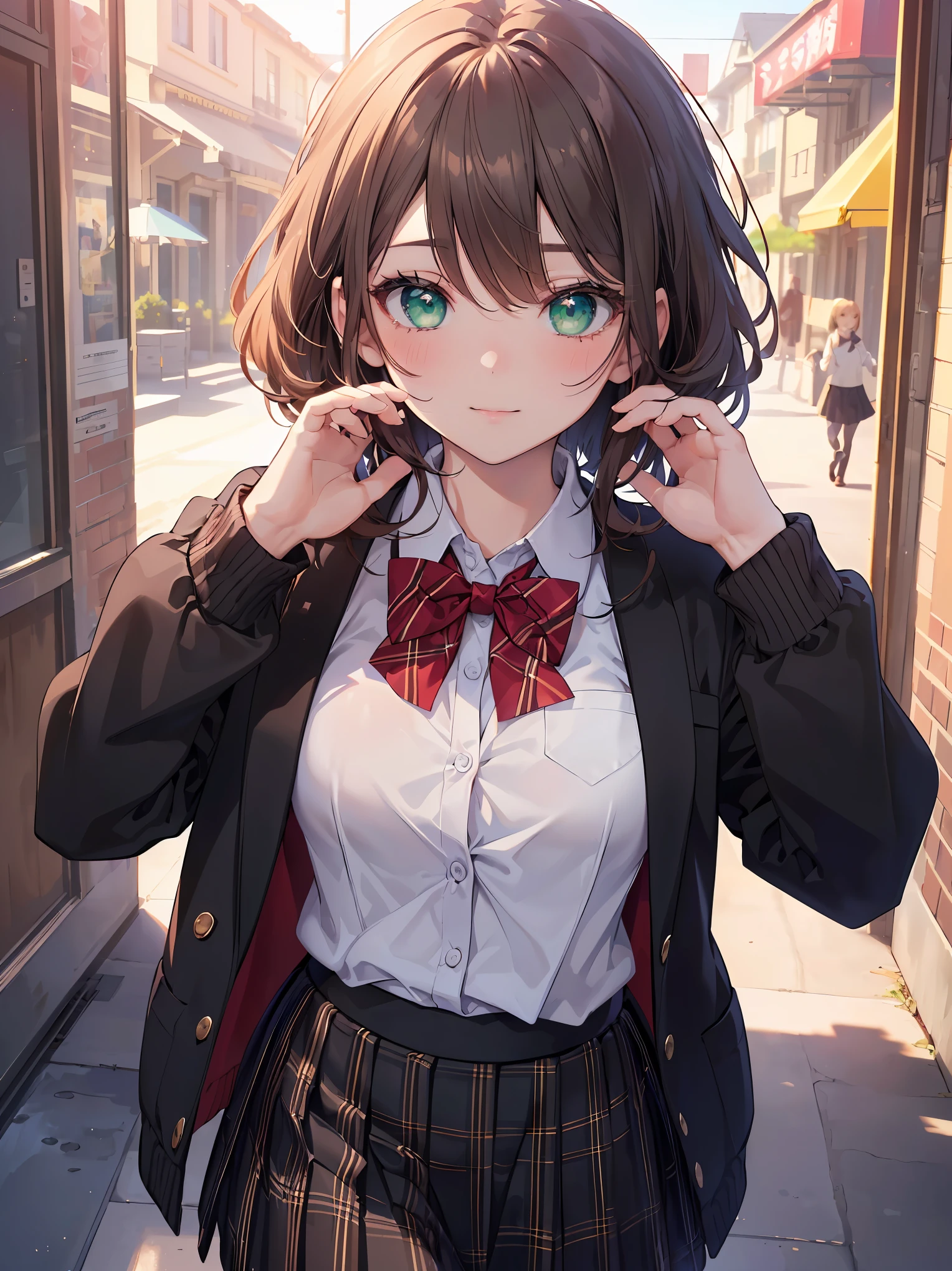 ((masterpiece, best quality, highres, UHD, perfect pixel, depth of field, 4k, RTX, HDR))), 1girl, single, solo, beautiful anime girl, beautiful artstyle, anime character, ((long hair, bangs, brown hair, curly hair:0.5)), ((green eyes:1.4, rounded eyes, beautiful eyelashes, realistic eyes)), ((detailed face, blushing:1.2)), ((smooth texture:0.75, realistic texture:0.65, photorealistic:1.1, anime CG style)), medium breasts, dynamic angle, perfect body, ((portrait, pov)), ((red bowtie, school uniform, black jacket, open jacket, brown cardigan, white shirt, black skirt, plaid skirt)), smile, hands up, amusement park