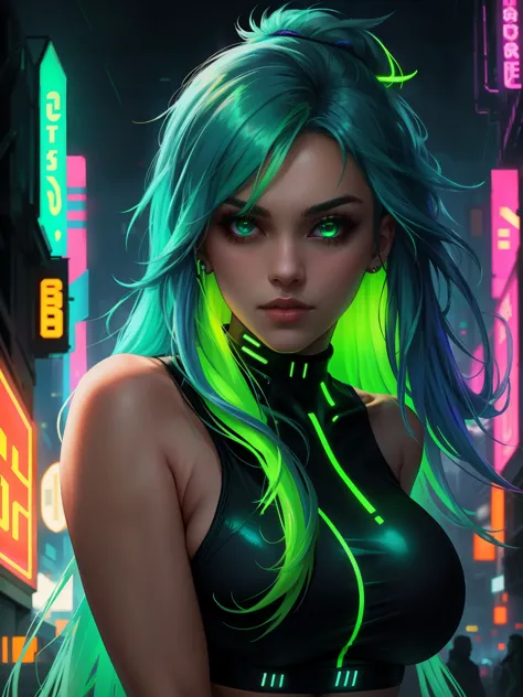 a close up of a beautiful woman, flowing long hair, glowing neon green hair, wearing glowing neon colour streetwear, cyberpunk t...