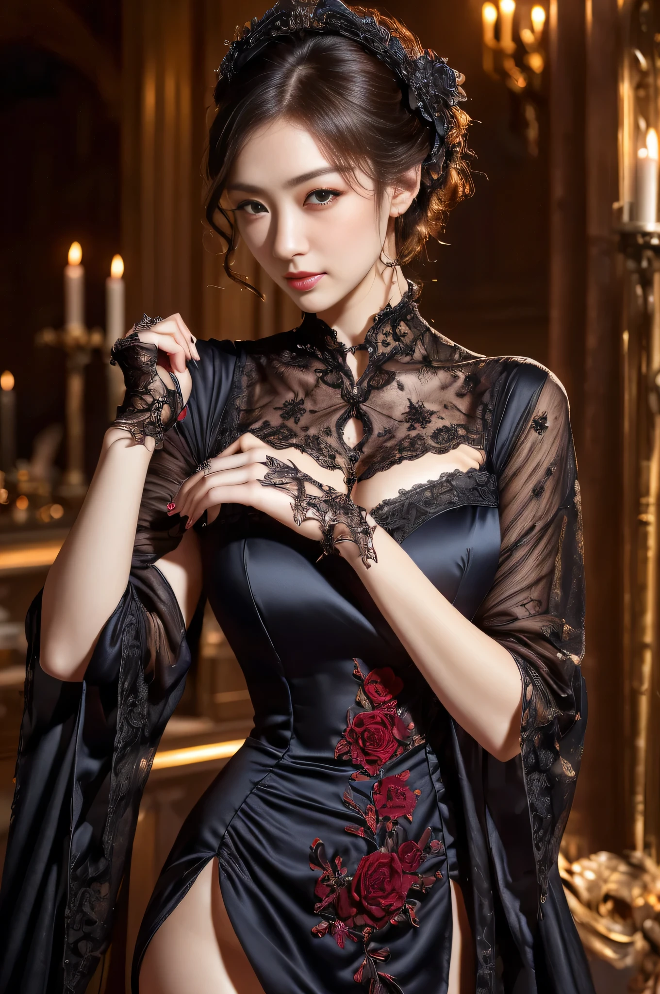 masterpiece、 sexy gothic dress、1 female、28 years old、delicate details, detailed background, (UHD, 8k wallpaper, High resolution), correct number of fingers、correct hand shape、cinematic lighting, award-winning, highly detailed skin, highly detailed face, high detail eyes, realistic, 