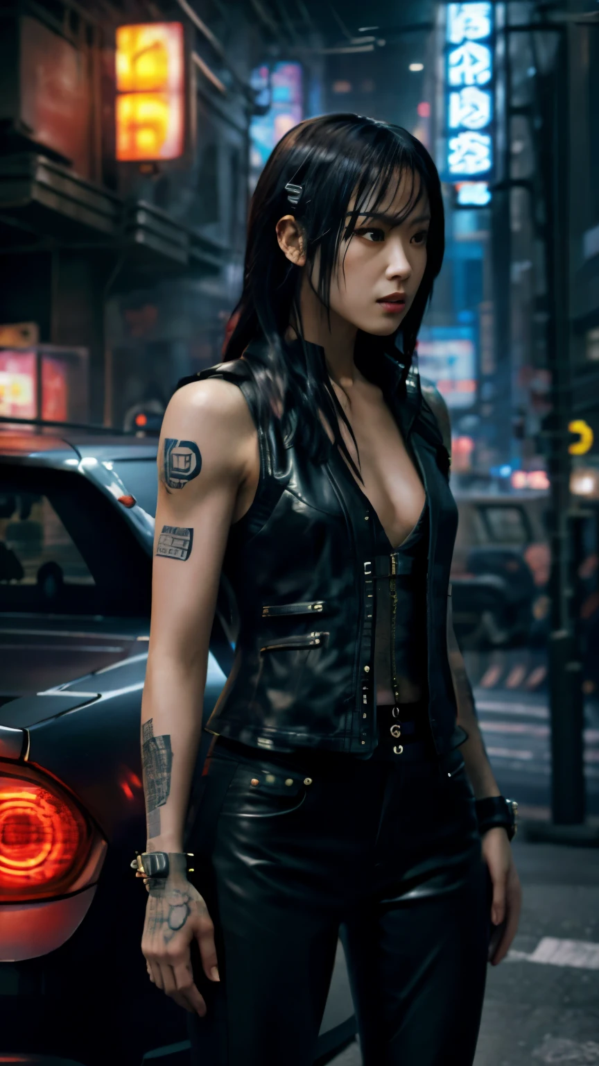 highest quality，masterpiece，Super detailed，8K, UHD，Beautiful woman，japanese woman，Expressionless，(Topless)，whole body，((tattoo))，slim，Black leather pants，black leather vest，(female mafia)，gangster，(cyberpunk city)，night，cinematic lightening，movie poster，underworld