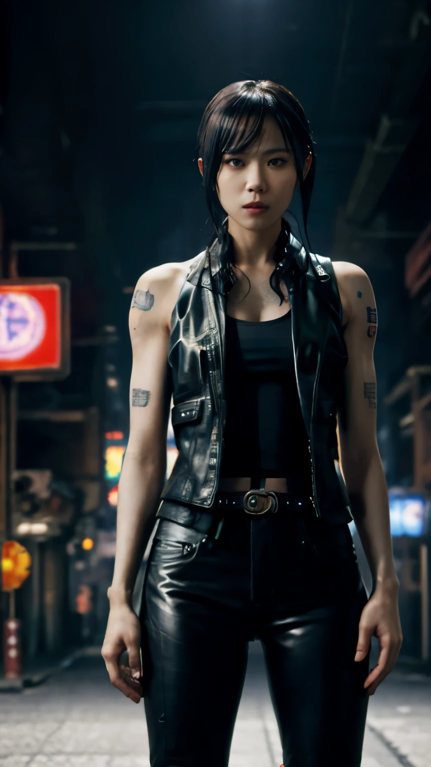 highest quality，masterpiece，Super detailed，8K, UHD，Beautiful woman，japanese woman，Expressionless，(Topless)，whole body，((tattoo))，slim，Black leather pants，black leather vest，(female mafia)，gangster，(cyberpunk city)，night，cinematic lightening，movie poster，underworld