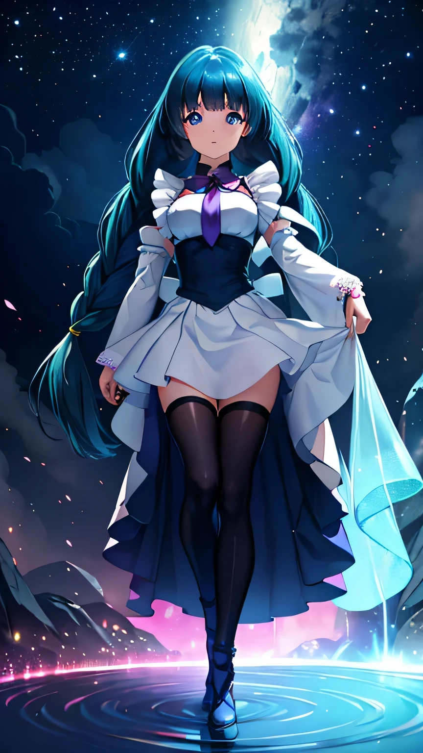 A holographic maid materializes a vision of youth and elegance.. Her dark blue hair falls like a midnight waterfall.., framing a face adorned with fuchsia eyes,((full body perspective)). Radiant pupils, She wears a custom-made anime maid uniform in shades of blue.., each white bow a delicate accent. Its beauty transcends the digital realm, and twin pigtails, As long as there are traces of stardust, completes its ethereal charm.