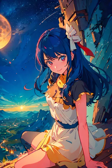 8k wallpaper, masterpiece, movie lighting, medieval setting, Beautiful female knight with long sky blue hair and red eyes walking on a winding road with a smile on her face, sunrise with clear skies background, Masterpiece, two characters, sitting atop a g...