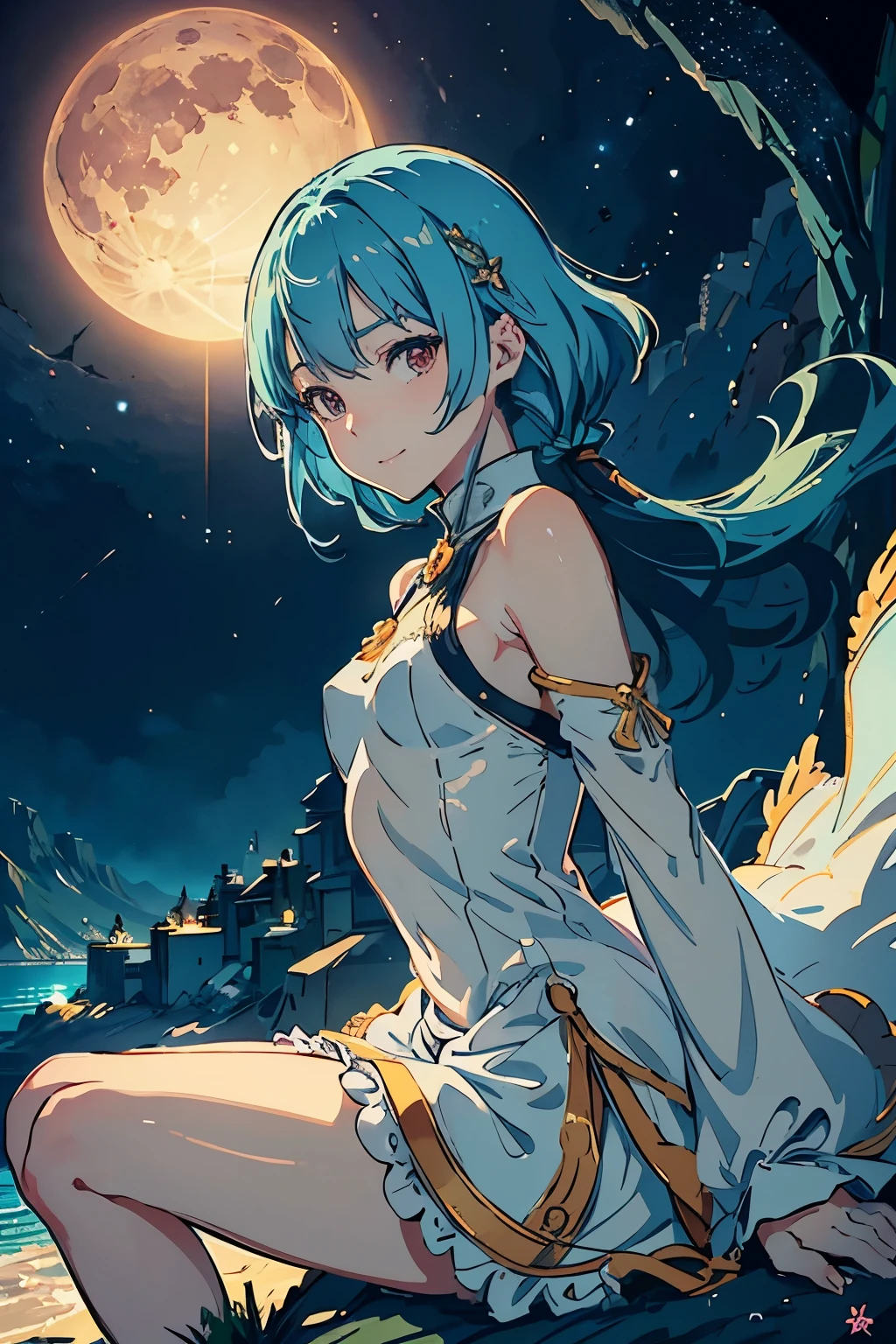 8k wallpaper, masterpiece, movie lighting, medieval setting, Beautiful female knight with long sky blue hair and red eyes walking on a winding road with a smile on her face, sunrise with clear skies background, Masterpiece, two characters, sitting atop a green hill, gazing at a full moon with pink heart-shaped craters, adorable digital painting, cute and detailed digital art, digital anime illustration, captivating depiction of a boy and girl, by the hands of Cyril Roland and Goro Fujita, or Lois van Baarle and Rossdraws, brimming with charm and intricacy, high resolution, sharp focus, soft shading, darling expressions, heartwarming scene, under the star-lit sky, expansive foreground, vibrant palette, enchanting art style. ((masutepiece)),((Best Quality)),Ultra-detailed,illustratio,explicit,Beautiful body,Beautiful nose,Beautiful character design,Perfect eyes,Perfect face,Wallpaper,超A high resolution, 4K,Photography,(Beautiful,Small breasts:1.5),(Beautiful face:1.2),Beautiful legs, Mayu Sakuma, Shiny skin,anime screen cap,official style, 1girl in, Solo, arrogant smile, Sunnyday,Daytime, Looking at Viewer, POV, Detailed eyes, Complex hairstyle、drooing eyes、princess dress, wide eyed, Crazy smile, Empty eyes, POV cowgirl, Sweat, flying sweatdrops,



