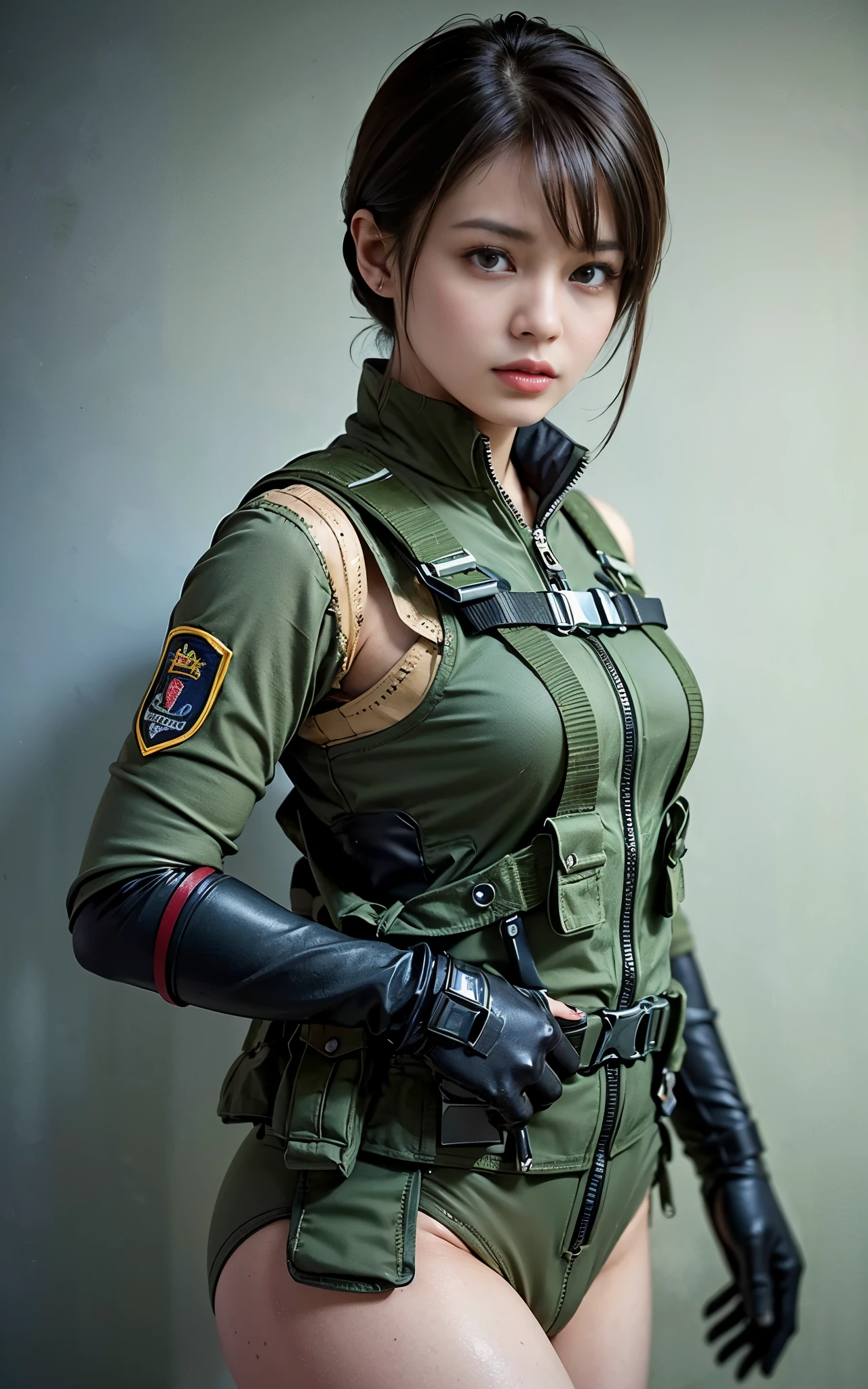 ((Best Quality, 8K, Masterpiece: 1.3)), ((best quality)), photorealistic, photorealism, 1girl aiming with an ak-47 assault rifle, Combat pose, Photorealistic, high resolution, looking to the viewer, (Detailed face), short black hair, red rubber suit, tactical vests, military harness, revealed plump thigh, Gun,black gloves, high-tech headset, Fingers are occluded, concrete wall background,