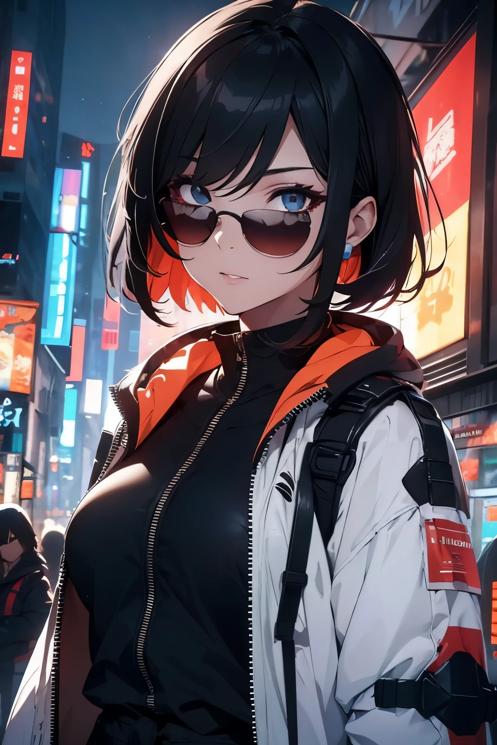 Waist up beside view,, hot beauty woman (masterpiece) with bob short black hair & colorful fringes, best quality, expressive eyes, perfect face, wearing a short jacket & a detailed ornad sci-fi cyberpunk combat plugsuit & sunglasses, sharp focus, cybersamurai, glowing