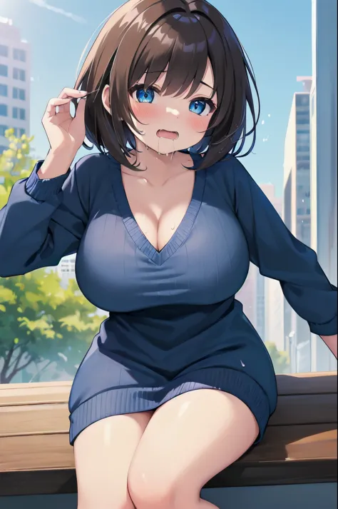 1girl, ((drooling,Spittle:1.3)),(short brown hair with bangs), (blue eyes), big breasts,(blue sweater dress),(cleavage:1.1),shy, full-face blush, stores cities ,32K,16K,4K,8K,best quality,masterpiece,ultra high res,professional lighting,physically-based re...