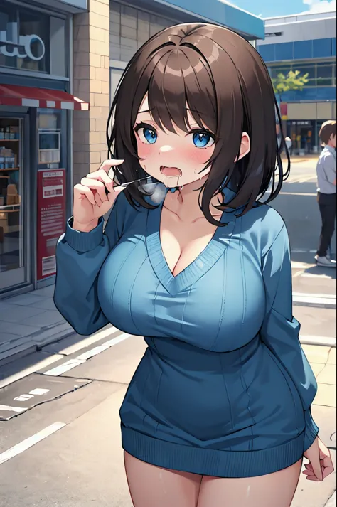 1adult, ((drooling,Spittle:1.3)),(short brown hair with bangs), (blue eyes), big breasts,(blue sweater dress),(cleavage:1.1),shy, full-face blush, stores cities, cowboy shot ,32K,16K,4K,8K,best quality,masterpiece,ultra high res,professional lighting,physi...