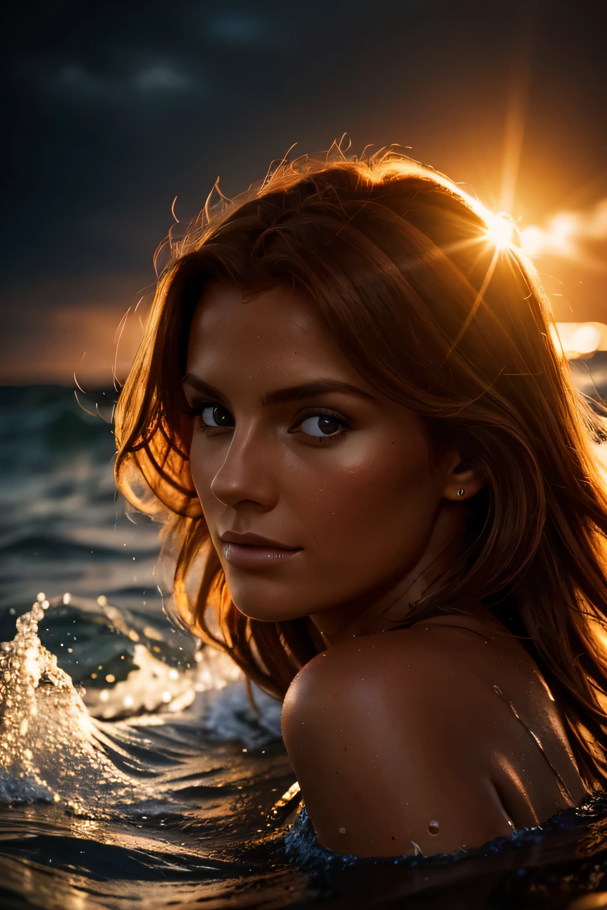 Highly detailed photograph of a dark tanned orange-haired European woman trapped in a wave of water. professional color modelshoot photo(highly detailed:1.1), hasselblad, dark film noir lighting, detailed, 8k, (god rays:0.8), (lens flare:0.8), film grain, bokeh, depth of field.