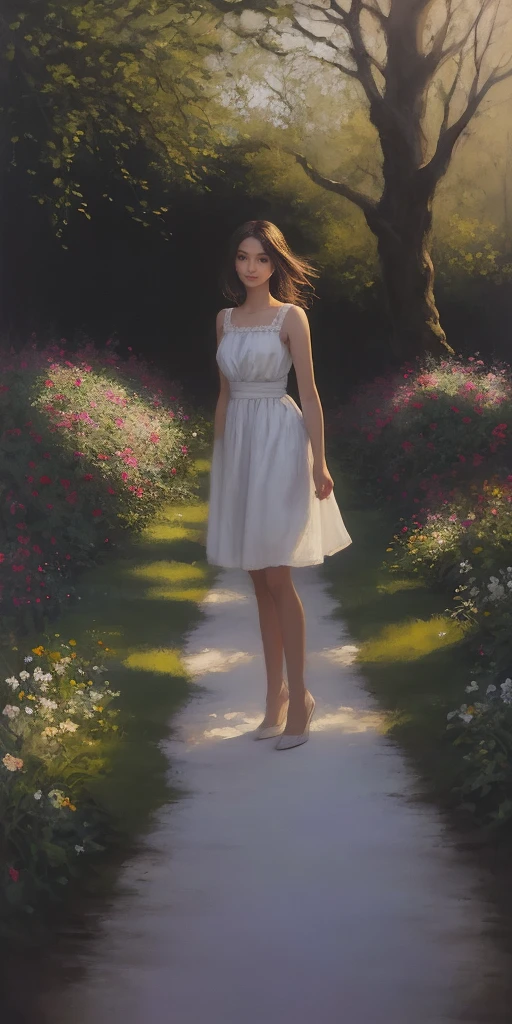 a girl in a garden, oil painting, soft brush strokes, vibrant colors, sunlight filtering through the trees, blooming flowers, lush greenery, gentle breeze, serene atmosphere, peaceful setting, dappled shadows, graceful posture, delicate features, flowing hair, relaxed expression, dreamlike quality, warm color palette, natural lighting